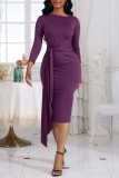 Пурпурные повседневные однотонные лоскутные платья с уздечкой и круглым вырезом с длинными рукавами