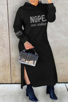 Black Casual Street Print Leopard Patchwork Slit Hooded Collar Long Dress Plus Size Dresses