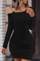ブラック カジュアル ソリッド ベーシック オブリーク カラー ロング スリーブ ドレス