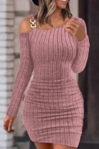 Pink Casual Solid Basic Oblique Collar Long Sleeve Dresses