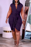 Black Casual Solid Fold V Neck Wrapped Skirt Plus Size Dresses