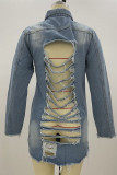 Light Blue Casual Street Solid Patchwork Buckle Turndown Collar Long Sleeve Straight Make Old Distressed Ripped Denim Jacket