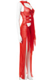 Röd Sexig Solid Bandage Urholkat Patchwork Genomskinlig O-hals Oregelbundna klänningar