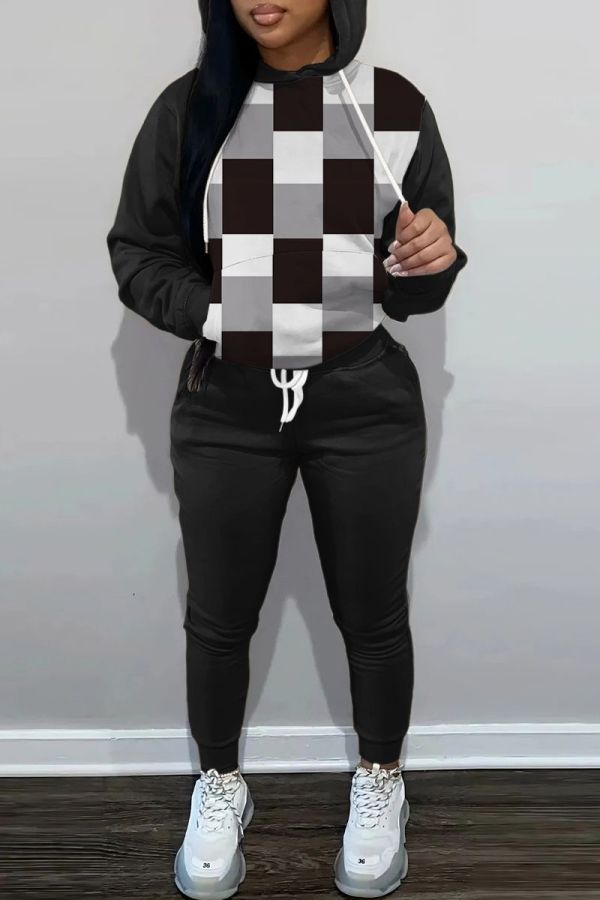 Due pezzi manica lunga colletto con cappuccio patchwork stampa casual grigio nero