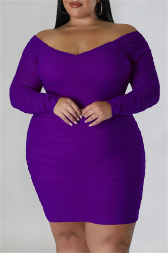 Пурпурные повседневные однотонные базовые платья больших размеров с V-образным вырезом и длинными рукавами