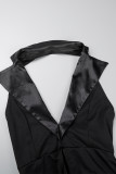 Schwarze Promi-Abendkleider mit einfarbigem Patchwork-Reißverschluss und Umlegekragen