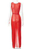 Красные сексуальные однотонные повязки с выдолбленными лоскутными прозрачными платьями с круглым вырезом и нерегулярными платьями