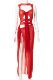 Rojo Sexy Sólido Vendaje Ahuecado Patchwork Transparente O Cuello Vestido Irregular Vestidos