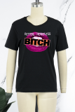 Schwarze „Street Lips“ bedruckte T-Shirts mit Patchwork-Buchstaben und O-Ausschnitt