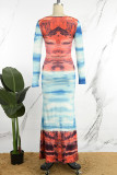 Robes de robe imprimées à col rond en patchwork imprimé de rue bleue