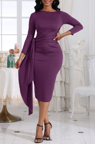 Purple Casual Solid Patchwork Frenulum O Neck Long Sleeve Dresses