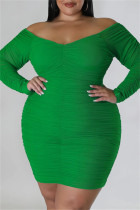 Зеленые повседневные однотонные базовые платья больших размеров с V-образным вырезом и длинными рукавами
