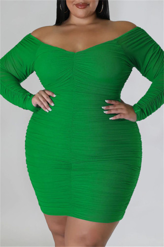 Green Casual Solid Basic V Neck Long Sleeve Plus Size Dresses
