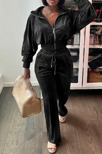 Black Casual Solid Patchwork Zipper Collar Long Sleeve Two Pieces