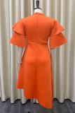 Orangefarbenes, lässiges, solides Patchwork-Kleid mit halbem Rollkragen und unregelmäßigem Kleid in Übergröße