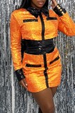 Оранжевые повседневные лоскутные платья с отложным воротником и пайетками с длинным рукавом