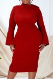 Красные повседневные однотонные базовые платья с воротником-стойкой и длинным рукавом