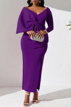 Пурпурные повседневные однотонные лоскутные платья с бантом и V-образным вырезом с длинным рукавом