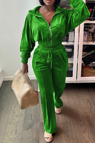 Green Casual Solid Patchwork Zipper Collar Long Sleeve Two Pieces