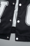 Dos piezas de manga larga con cuello de cinta de retales con estampado informal negro
