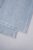 Синие повседневные однотонные облегающие джинсовые комбинезоны без бретелек без рукавов с высокой талией и открытой спиной