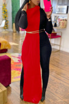 Vestido longo vermelho casual com fenda sólida e gola alta (sem corrente na cintura)
