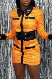 オレンジ カジュアル パッチワーク スパンコール ターンダウン カラー ロング スリーブ ドレス