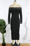 Zwarte casual patchwork pailletten off-shoulder jurken met lange mouwen
