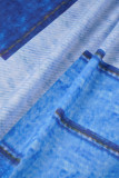 Синий павлин Повседневный принт Пэчворк Пуговицы Отложной воротник с длинными рукавами Из двух частей
