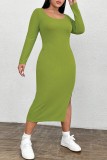 Vert Jaune Casual Solide Fente O Cou Manches Longues Grande Taille Robes