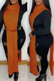 Vestidos longos casuais laranja com fenda sólida e gola alta (sem corrente na cintura)