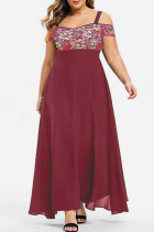 Bordeauxrood Casual effen patchwork Off-shoulder lange jurk Grote maten jurken