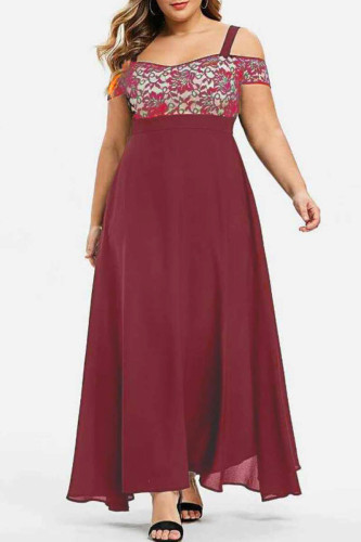 Burgundy Casual Solid Patchwork Off the Shoulder Long Dress Plus Size Dresses