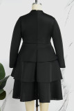 Schwarze, lässige, solide Patchwork-Volant-Kleider mit V-Ausschnitt und langen Ärmeln in Übergröße
