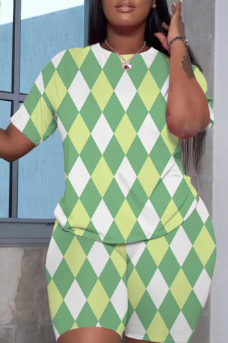 Green Casual Print Basic O Neck Short Sleeve Two Pieces