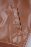 Casacos casuais marrom sólido patchwork com zíper e decote em O