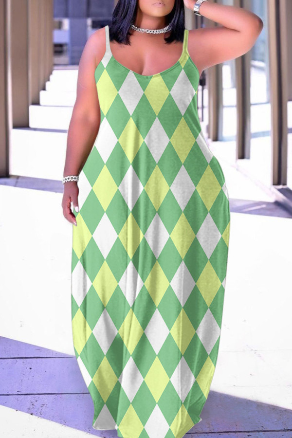 グリーン セクシー カジュアル プリント バックレス スパゲッティ ストラップ ロング ドレス ドレス