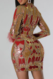 Red Elegant Print Sequins Patchwork Zipper V Neck Wrapped Skirt Dresses