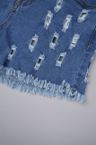 Pantalones cortos de mezclilla ajustados con cremallera y botones de bolsillo ahuecados lisos de calle azul oscuro