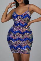 Blauwe sexy pailletten patchwork spaghettibandjes schede jurken