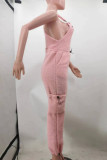 Pink Casual Solid Patchwork Spaghetti Strap Regular Jumpsuits (Without Tops)