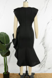 Zwart Casual Effen Volant V-hals Onregelmatige jurk Jurken (zonder riem)