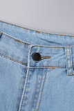 Light Blue Casual Solid Hollowed Out Patchwork Pocket Buttons Zipper Mid Waist Regular Ripped Denim Jeans