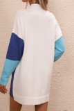 Weiß-blaue, lässige Patchwork-Kleider mit O-Ausschnitt und langen Ärmeln