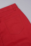 Red Casual Solid Mid Waist Skinny Tassel Ripped Denim Jeans