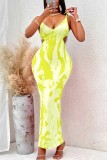 Green Yellow Sexy Casual Print Backless Spaghetti Strap Long Dress Dresses
