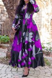 Purple Casual Print Basic Mandarin Collar Long Dress Dresses