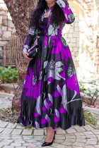 Фиолетовое повседневное длинное платье с воротником-стойкой и принтом