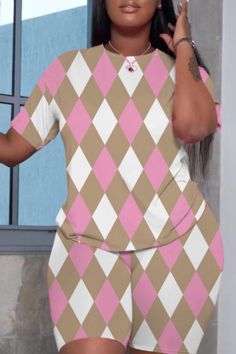 Pink Casual Print Basic O Neck Short Sleeve Two Pieces