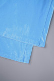 Bleu ciel Sexy solide Patchwork cordon de serrage poche fermeture éclair col à capuche manches longues deux pièces